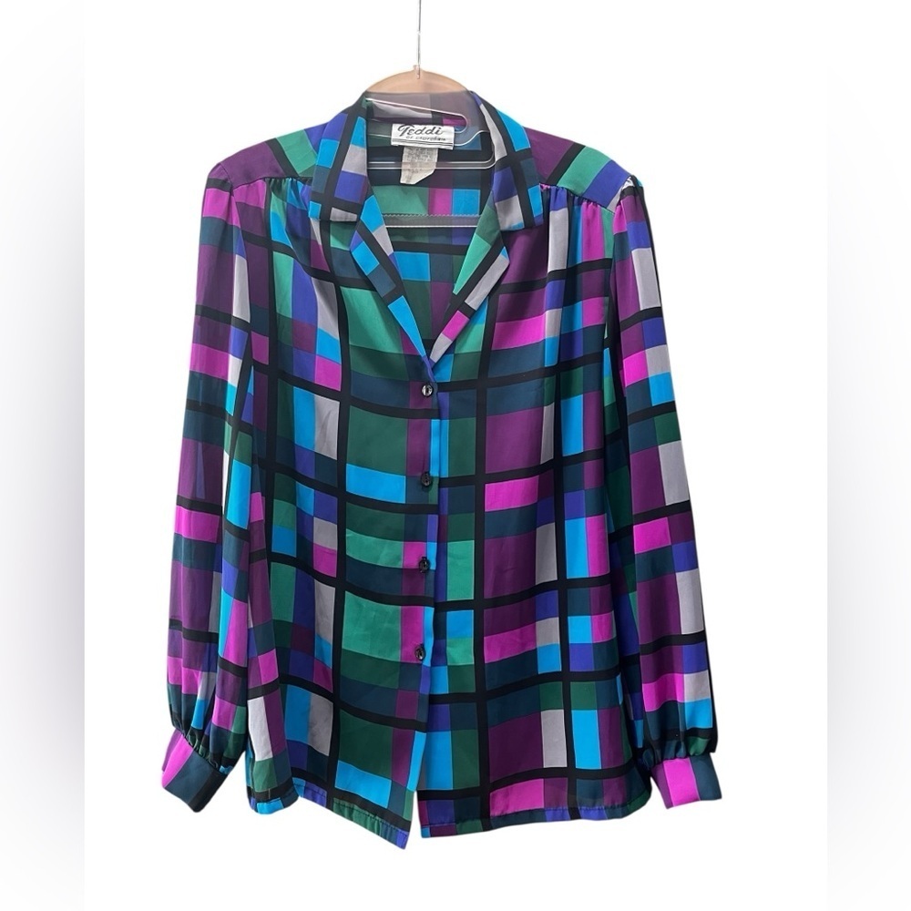 Geometric maximalist Blouse shirt Button Up 80s 90s sheer colorblock -10
